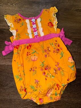 18/24 Matilda Jane Orange Floral bubble with Pink Trim